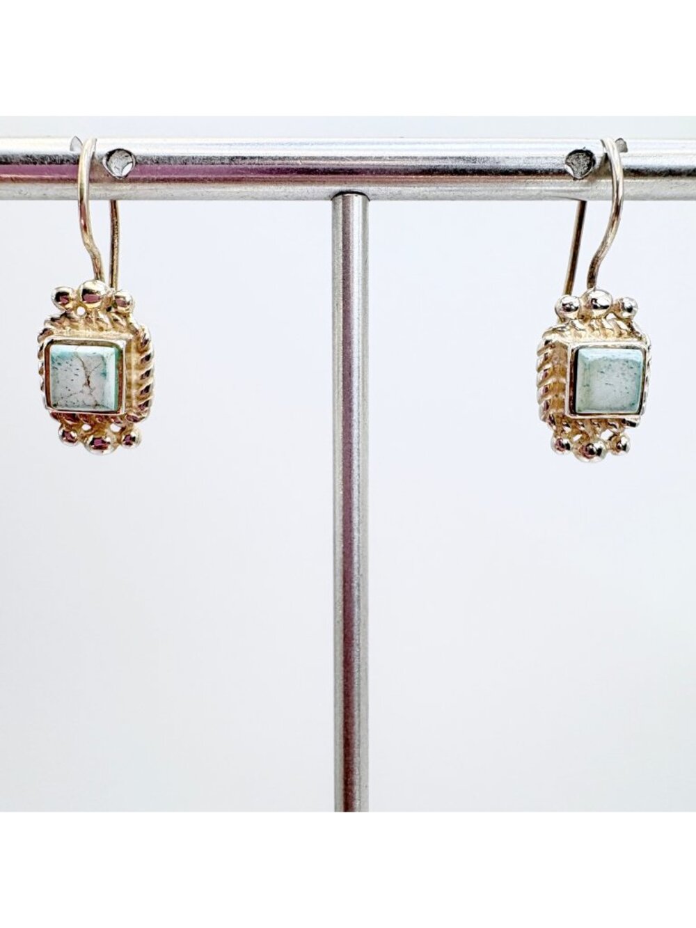 Blue Stone Sterling Silver 925 Square Bead Design Dangle Earrings 1" Length